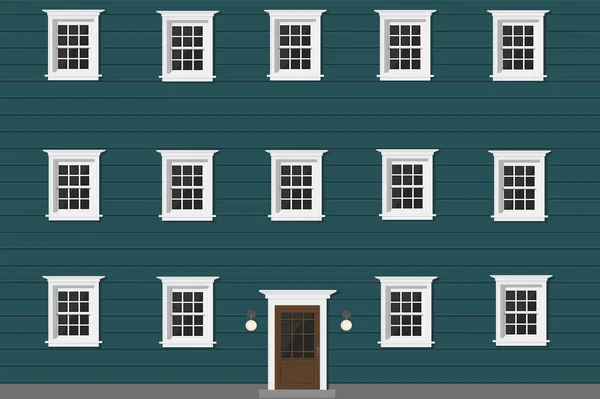 Casa Madera Azul Con Ventanas Blancas Puerta Blanca — Vector de stock