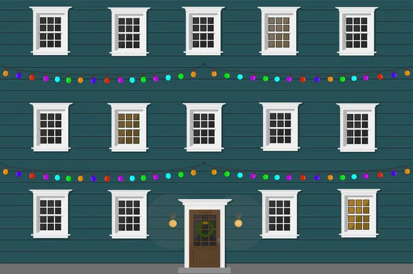 Blue Apartment Building Door Windows Evening Garland Holiday — ストックベクタ