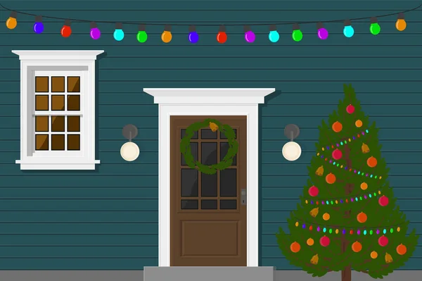 Blue House Door Windows Evening Garland Holiday Christmas Tree — ストックベクタ