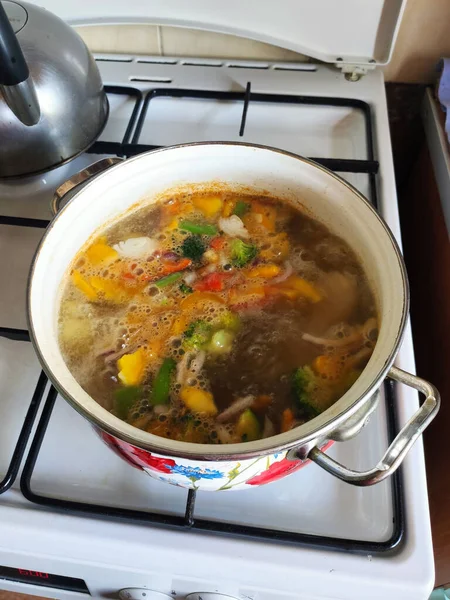 锅里的汤放在厨房的炉子上 — 图库照片