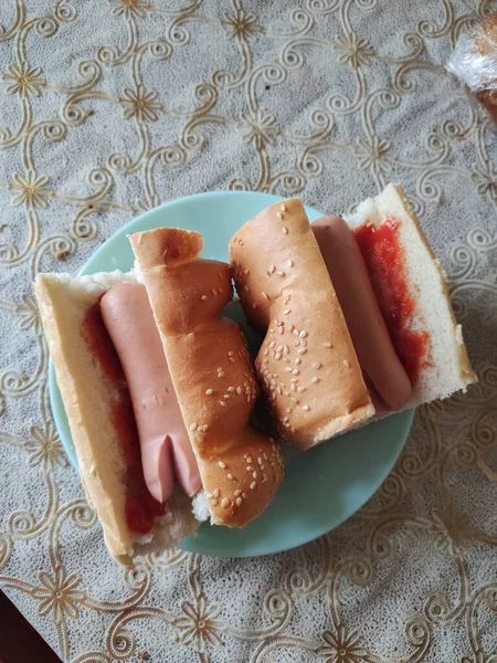 Cachorro Quente Caseiro Pão Com Ketchup — Fotografia de Stock