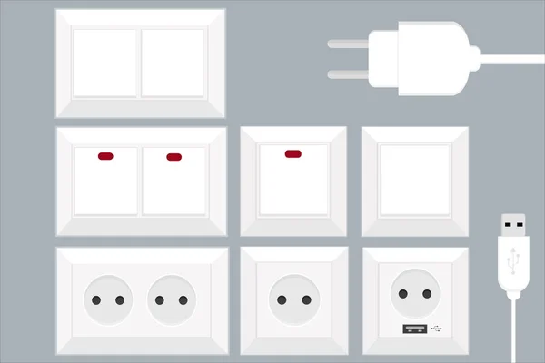 Conjunto Diferentes Interruptores Electricidad Tomas Corriente Con Usb — Archivo Imágenes Vectoriales