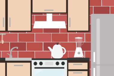 Gıda buzdolabı fırını fırın dolapları ve raflar için ev aletleriyle dolu güzel bir mutfak.