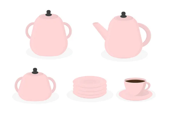 Kitchen Utensils Teapot Sugar Bowl Saucer Cup Pink Colour — стоковый вектор