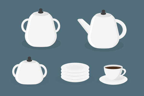 a kitchen utensils teapot sugar bowl saucer and cup white colour