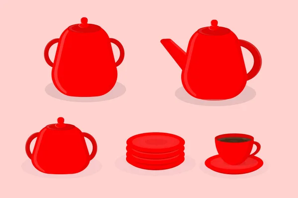 Kitchen Utensils Teapot Sugar Bowl Saucer Cup Red Colour — Stock Vector