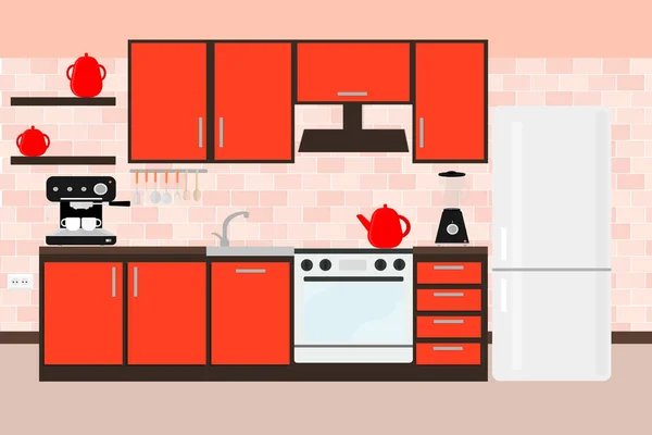 Una Hermosa Cocina Roja Con Electrodomésticos Para Cocinar Alimentos Refrigerador — Archivo Imágenes Vectoriales