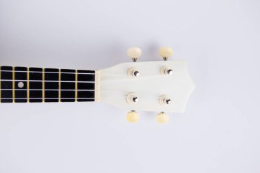 Beyaz arka plandaki ukulele üzerinde güzel beyaz bir gitarın telleri.