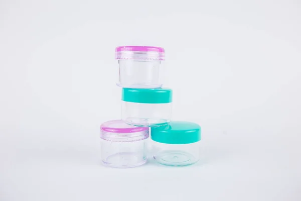 Small Plastic Jars White Background Cosmetics — Foto de Stock