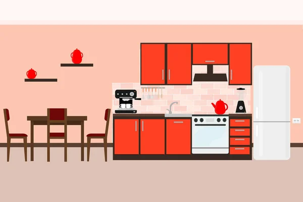 Hermosa Cocina Roja Con Electrodomésticos Para Cocinar Alimentos Refrigerador Horno — Archivo Imágenes Vectoriales