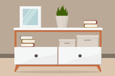 Odada eşyalar olan küçük bir dolap.