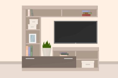 Televizyon, raflar ve kitaplarla dolu büyük oturma odası duvarı.