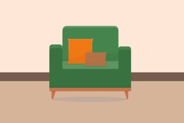 Oda vektör illüstrasyonunda yastıklı şık yeşil bir koltuk.