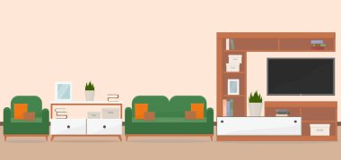 Oturma odası koltuk, gardırop ve televizyon odası iç mekanı.