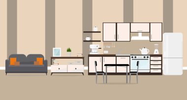 a kitchen with sofa table and shelves apartment interior
