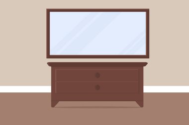 Masası ve dolabı olan büyük bir ayna.