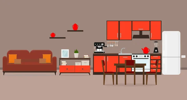 Kitchen Sofa Table Shelves Apartment Interior — Image vectorielle