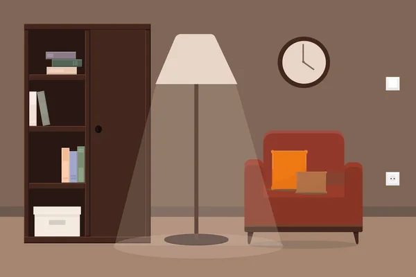 Une Bibliothèque Avec Fauteuil Lampe Travail Intérieur Repos — Image vectorielle