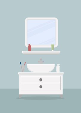 Banyo ve kozmetik ürünleri dolabı ve aynası olan güzel bir lavabo.