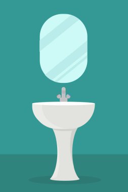 Klasik bir seramik beyaz lavabo musluğu ve aynası var.