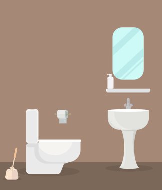 Tuvaletinde lavabo ve ayna olan beyaz bir seramik klozet.