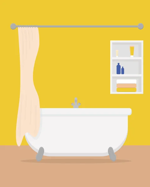 Large White Bathtub Tap Curtain Shelf Towels Cosmetics — Wektor stockowy
