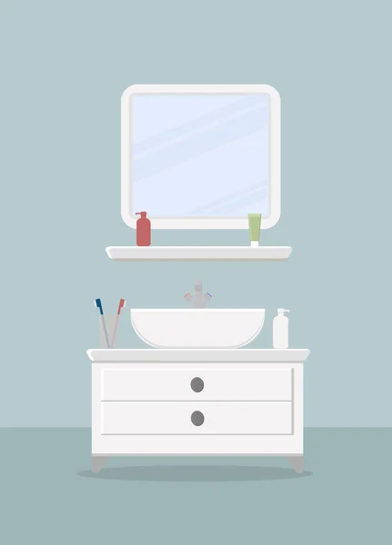 一个漂亮的水池 橱柜里有镜子 浴室里有化妆品 — 图库矢量图片