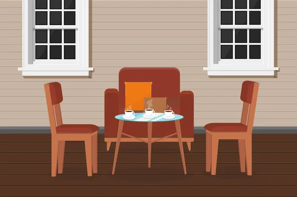 Armchair Chairs Table Coffee Veranda House Windows Terrace Cafe — Vector de stock