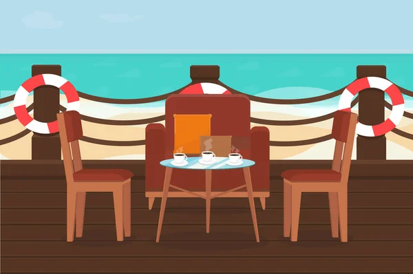 Taras Restauracji Krzesłami Stołami Piaszczystej Plaży Pobliżu Morza — Wektor stockowy