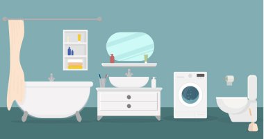 Tuvalette lavabo, ayna ve çamaşır makinesi olan beyaz seramik klozet.