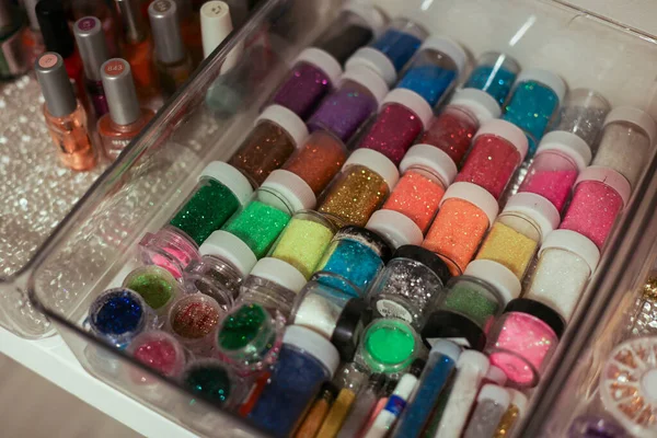 Jars Glitter Different Colors Manicure Salon Nails — стоковое фото