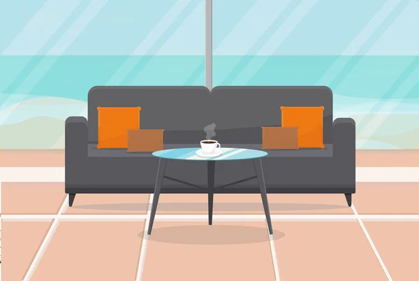 Sofa Table Cup Coffee Stands Room Overlooking Sea — Vector de stock
