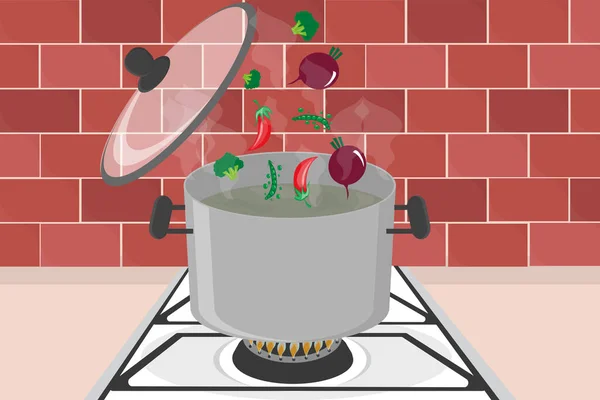 Овочі Падають Горщик Плиті Киплячою Водою Супу — стоковий вектор