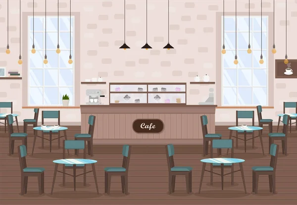 テーブル コーヒーマシン 窓とバーカウンター付きのカフェのインテリア — ストックベクタ