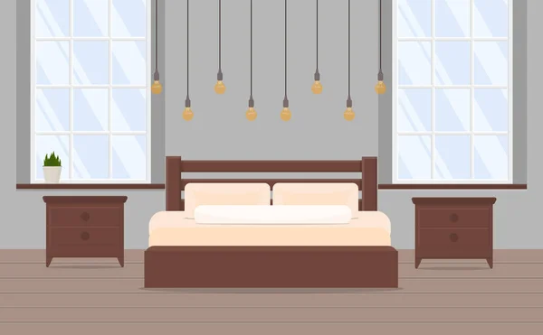 Large Soft Bed Bedside Tables Loft Apartment Stylish Modern —  Vetores de Stock