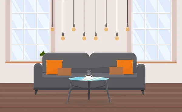 Gray Soft Sofa Loft Style Apartment Minimalism Interior Large Windows — Vector de stock