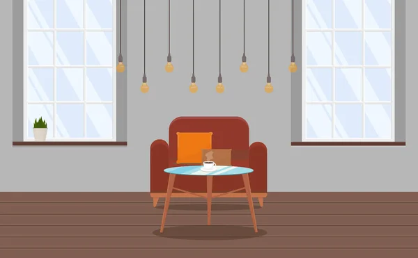 Large Soft Armchair Stylish Modern Loft Style Apartment Light Bulbs — Vettoriale Stock