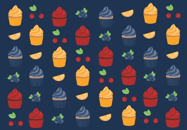 Set Cupcakes Different Colors Flavors Vector Illustration Holiday Sweets Pattern — Stockvektor