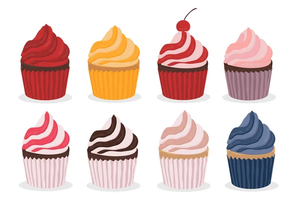 Conjunto Cupcakes Diferentes Colores Sabores Vector Ilustración Vacaciones Dulces — Vector de stock