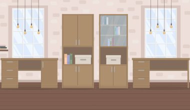 Ahşap mobilyaları, gardırobu ve çeliği olan bir çatı katı tarzı ofis.