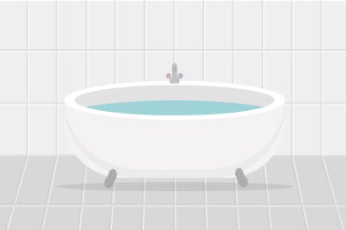 Duş odasında su olan bir banyo. Beyaz fayanslı vektör resimli.