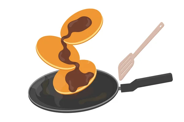 Pancake Frying Pan Kitchen Preparing Delicious Big Ones Butter Dish — Wektor stockowy