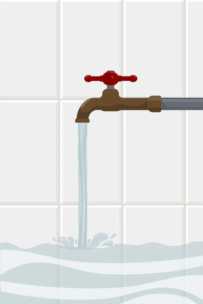 水道からタイルを壁にかけ浴槽にきれいな水を流し込み — ストックベクタ