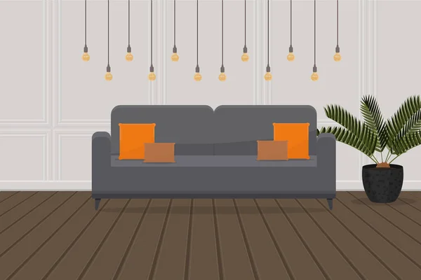 Intérieur Moderne Design Loft Avec Canapé Ampoules Plante Palmier Sol — Image vectorielle