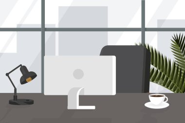 Bir masa, bir koltuk, bir monitör ve camlı bir palmiye ağacı ve şehrin videosu olan bir ofis.