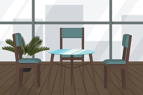 Una Mesa Sillas Café Con Ventanas Una Vista Ciudad — Vector de stock