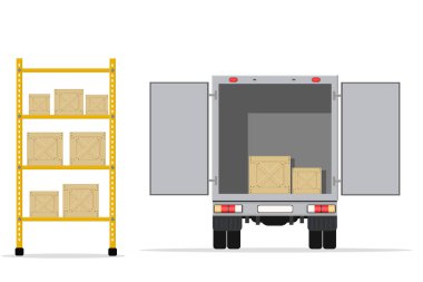 a large truck open with boxes for delivering mail and goods from the warehouse clipart