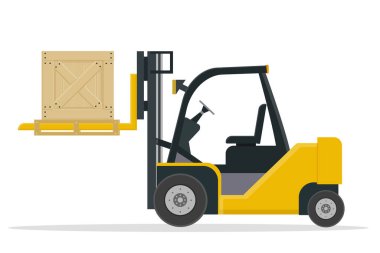 Sarı bir forklift teslimat departmanı vektör çizimlerini kargo ahşap kutusuyla yüklemek için.