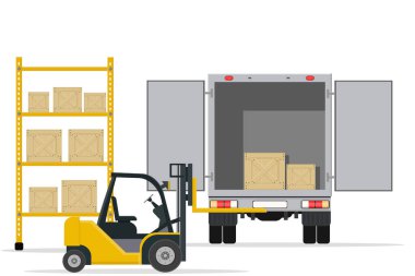 Sarı forklift ve kamyonun yanında raflar, kutular ve eşyalar için büyük bir depo.