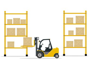 büyük bir depo rafları ve kutuları ile mal ve paketler için forklift sarı